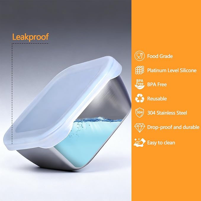3 Pack 13.53 oz (400 ml) 304 Stainless Steel Snack Container – Leak-Proof, Grill & Oven Safe, Freezer & Dishwasher Safe, BPA-Free Silicone Lid, for Snacks, BBQ, Lunch, Camping, Baking - Image 2