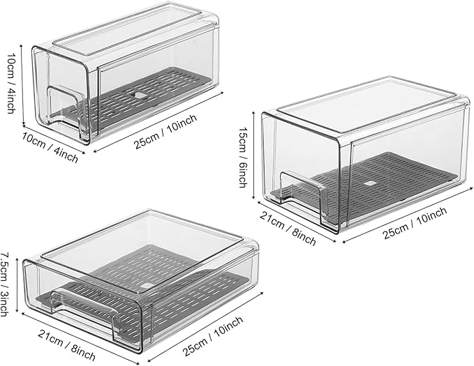 Refrigerator Organizers and Storage Drawers (Complete Set) | Produce Water Draining, BPA Free, Stackable, Clear, Fruit and Veggie Organization, Pull Out Bins - Image 2