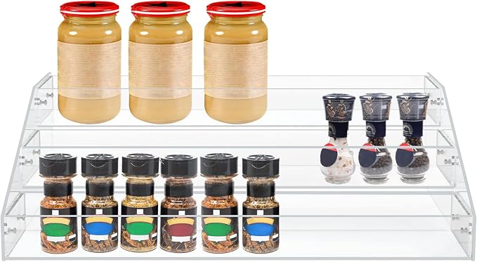 PMMASTO Widen Tiered Spice Rack, Seasoning Organizer, Clear Acrylic Vertical Shelves Can Organizer for Countertop, Cabinet, Pantry, Kitchen Organization and Storage - 3 Tier - Image 5