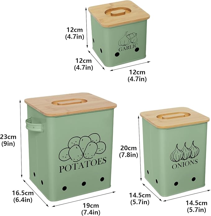 Kitchen Canisters Set, Storage Bin for Potato Onion & Garlic, 3 Pack Set Countertop Pots Containers with Wooden Lid - Potato Storage, Garlic Bin, Onion Keeper Tin with Aerating Holes-Green - Image 7