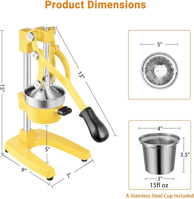TONGCHANT Cast Iron Manual Juicer for Orange Lemon Lime Pomegranate &Citrus | Heavy Duty Orange Juicer Squeezer, Hand Press Juicer, Citrus Press, Stainless Steel Cup, Easy to Clean, Yellow - Image 4