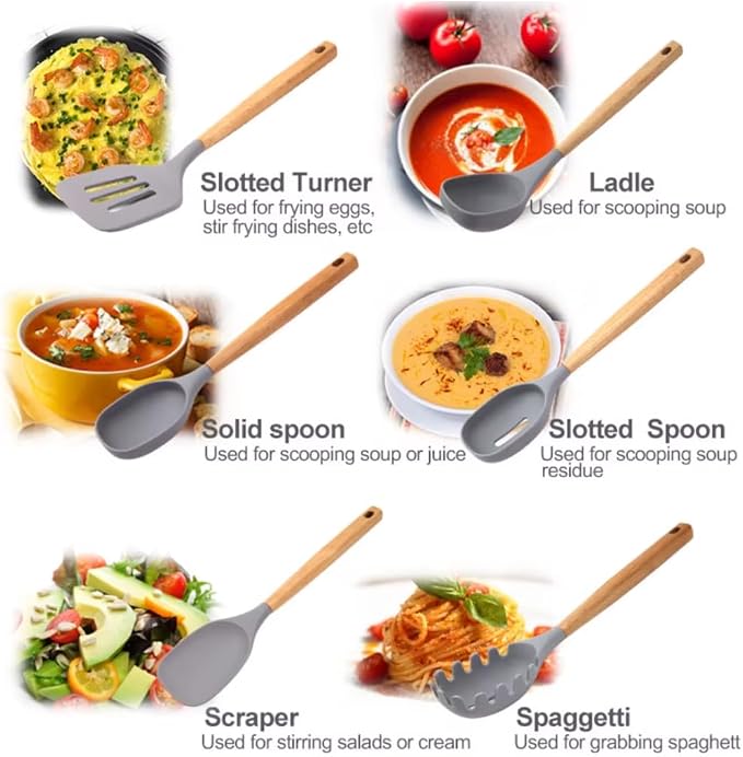 Premium Silicone Kitchen Utensil Set – 7-Piece Cooking Tools with Acacia Wood Handles and Bamboo Holder, Non-Stick, Heat Resistant, BPA-Free, Elegant Kitchen Gift (Grey -7pcs) - Image 6