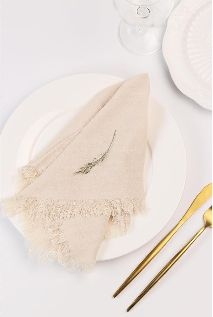Handmade Cloth Napkins with Fringe,18 x 18 Inches Cotton Linen Napkins Set of 12 Versatile Handmade Square Rustic Fringe Napkins for Dinner, Wedding and Parties, Cream - Image 3