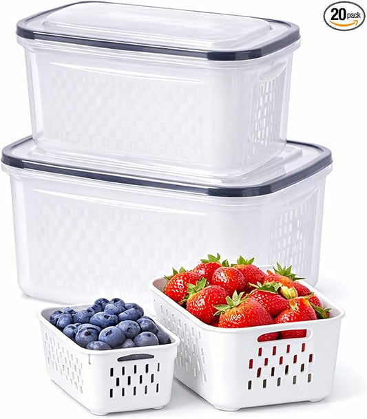 4-in-1 Produce Saver Containers - Fresh Berry Keeper with Removable Colander & Airtight Lid - Stackable Fruit and Vegetable Fridge Organizer Bins - BPA-Free Plastic Food Storage (2pcs) by Unknown