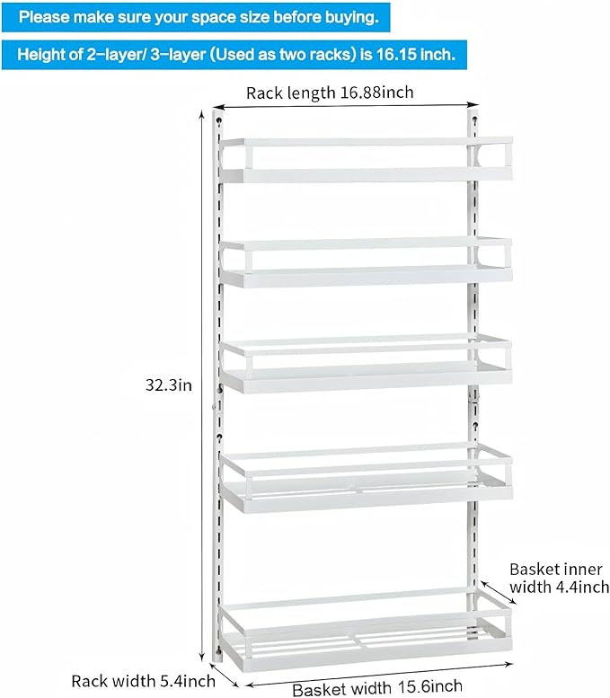 X-cosrack Wall Mount Spice Rack Organizer 5 Tier Height-Adjustable Hanging Spice Shelf Storage for Kitchen Pantry Cabinet Door, Dual-Use Seasoning Holder Rack with Hooks, White - Image 7
