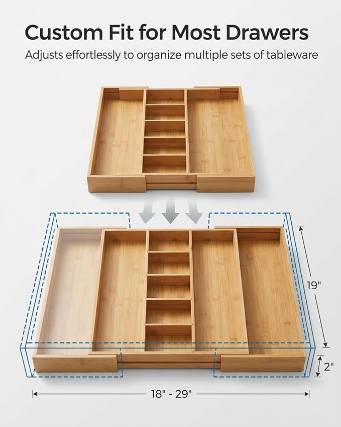 Expandable Bamboo Silverware Drawer Organizer – Adjustable 29" Wide Wooden Utensil Tray with 9-Compartments, Large Kitchen Flatware & Spoon Holder, Natural Solid Wood for Drawers - Image 2