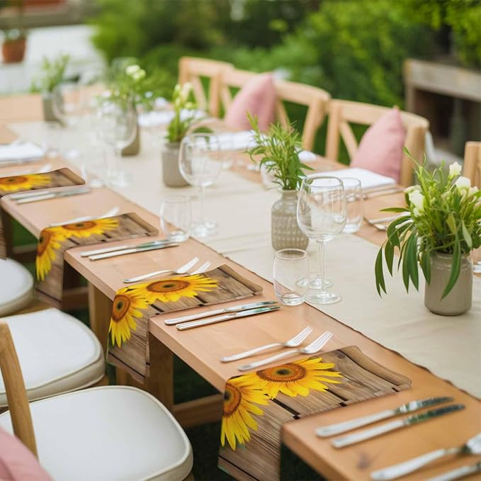 Pastoral Cloth Napkins Set of 8 Sunflowers Wood Grain Texture Rustic Vintage Soft Washable Square Dinner Napkins for Party Wedding Restaurant Hotel Cocktail 20x20 Inch - Image 4