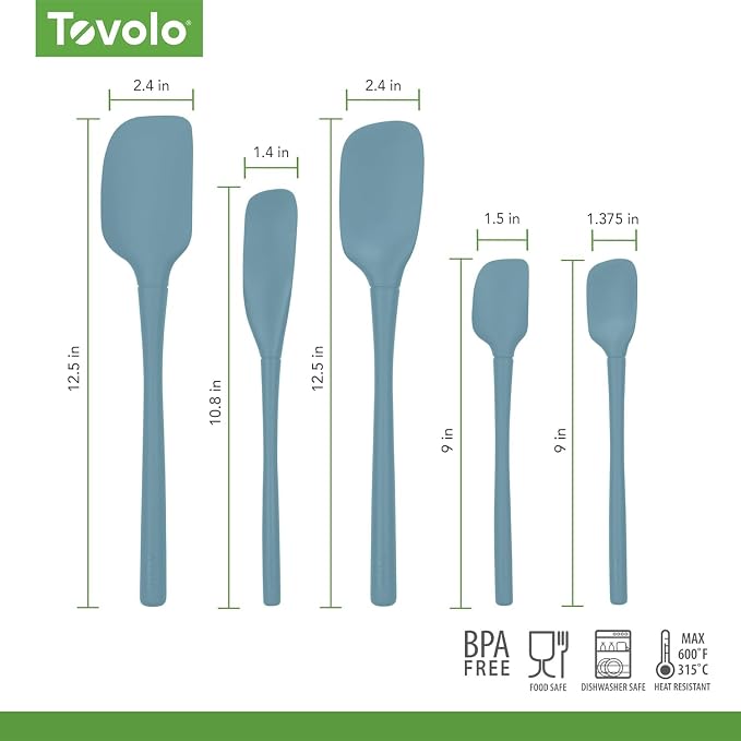 Tovolo Flex Core 5 Piece Silicone Spatula Set Heat Resistant All Silicone Utensils Include Non Stick Spatula Spoonula Jar Scraper, Dishwasher Safe BPA Free Spatulas for Baking Mixing, Blue Slate - Image 5