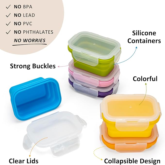 Collapsible Food Storage Containers with Lids, Small Silicone Snack Containers, Stackable Portion Control Containers, Mini Fridge Organizer, Microwave Freezer Dishwasher Safe, 6.5oz, 6 Pack - Image 6