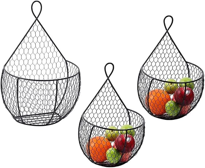 ERYTLLY Metal Fruit And Vegetable Storage Hanging Basket Wall Mounted, Hanging Basket For Kitchen Black Wire Baskets for Flowers, Fruits and Veggies - Set of 3 by ERYTLLY