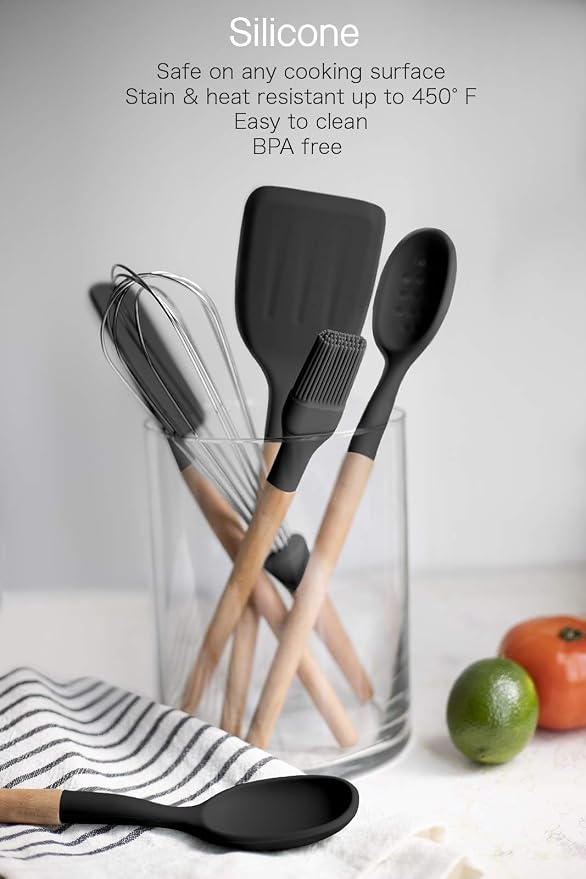 Country Kitchen Non Stick Silicone Utensil Set with Rounded Wood Handles for Cooking and Baking, 6 Piece Set, Black | Rounded Wood Handles, For Cooking and Baking - Image 3