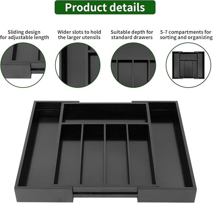 VaeFae Bamboo Drawer Organizer, Medium, Black | Wooden Utensil Holder for Forks Knives, 38 cm D x 29.2-45.7 cm W, 5-7 Slots, Black - Image 4