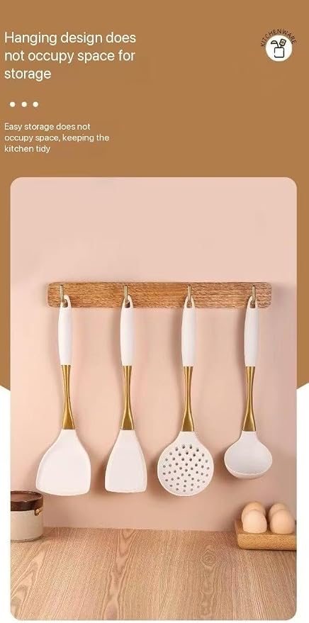 8-Piece Silicone Kitchen Utensil Set, White and Gold, Heat Resistant Cooking Tools with Comfort Handles- Includes Spatula & Spoon for Nonstick Cookware (White and silvery) - Image 4