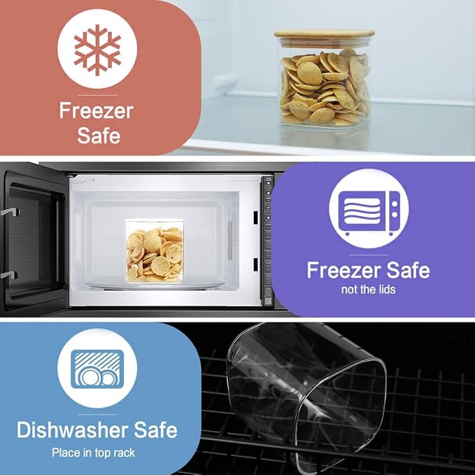 6 Pack Square Glass Pantry Storage Containers with 132 Kitchen Food Pantry Labels - 24 floz Clear Glass Pantry Jars with Airtight Wood Bamboo Lids - Glass Canisters for Sugar, Cereal, Coffee, Spice - Image 5