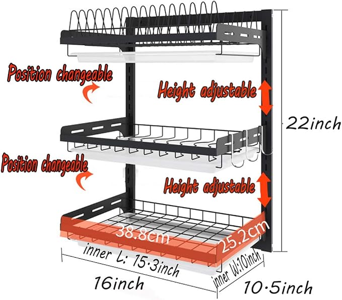 3 Tier Black Stainless Steel Dish Drying Rack Fruit Vegetable Storage Basket with Drainboard and Hanging Chopsticks Cage Knife Holder Wall Mounted Kitchen Supplies Shelf Utensils Organizer - Image 5