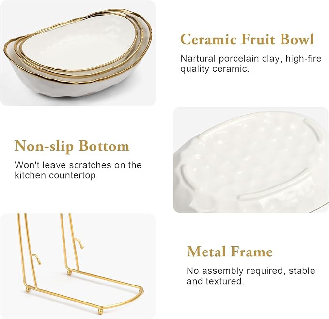3 Tier Fruit Bowl for Kitchen Counter, Ceramic Fruit Basket with Metal Stand, Tiered Fruit Bowl for Counter Serving Stand for Fruit Vegetable Storage, Snack, Nuts, Cake, Dessert - Image 3
