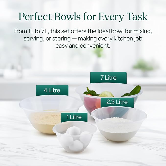 WINSOME Plastic Mixing Bowl | Set of 4 Sizes (1L, 2.3L, 4L, 7L) Best for Baking & Mixing Ingredients Like Eggs, Salad, Veggies, Fruits, Doughs, Sauces & More - Image 2