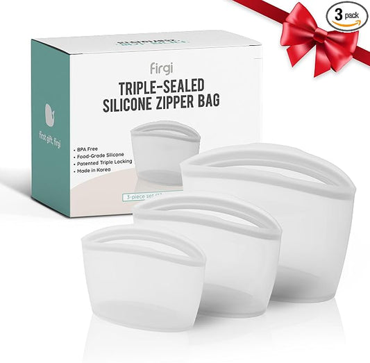 Reusable Silicone Food Storage Bags, 3-Pack Variety Set (2, 3.5, 6 Cups), Made in Korea BPA-Free Silicone, Triple-Airtight Freezer Bags, Microwave Safe, Sous Vide, Zip Lock Pouch, White by FIRGI-FirstGift