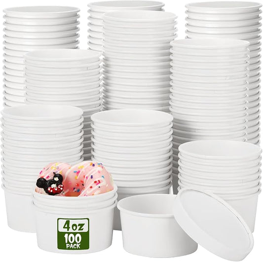 Fulmoon 100 Pack Paper Soup Containers with Lids Disposable Paper Food Containers with Vented Lid Kraft Ice Cream Cake Dessert Cups Soup Bowl for Party Hot Food Fruit Microwave(4 oz,White) by Fulmoon