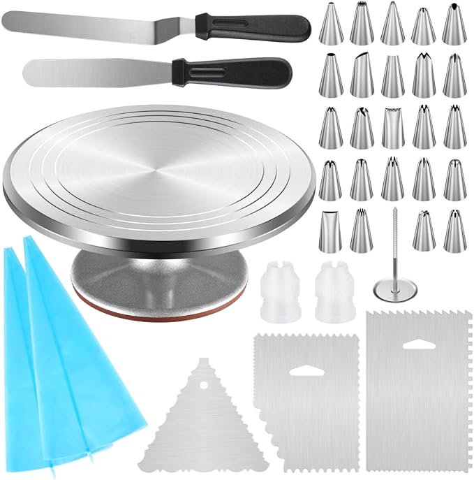 Kootek 35 Aluminum Cake Decorating Kit, Baking Tools for Beginners & Pros | Starter Kit, Baking Supplies Tools with Cake Stand Turntable for Decorating, 24 Icing Piping Tips, 2 Spatulas, 2 Piping Bags by Kootek