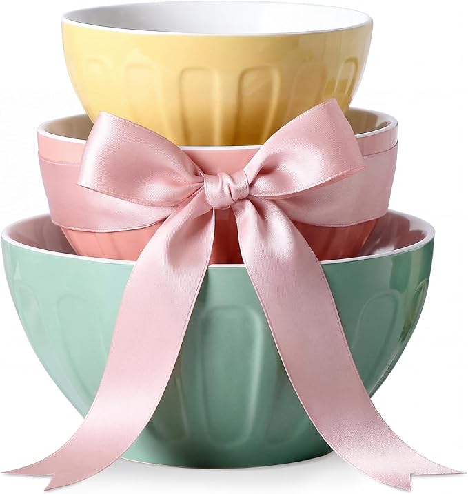 Lareina Ceramic Mixing Bowls Set of 3, Large Nesting Bowls for Serving/Baking/Prepping, Housewarming & Wedding Gift, Oven, Microwave and Dishwasher Safe 3.2/1.7/1.2 Qt, Pastel Color by Lareina
