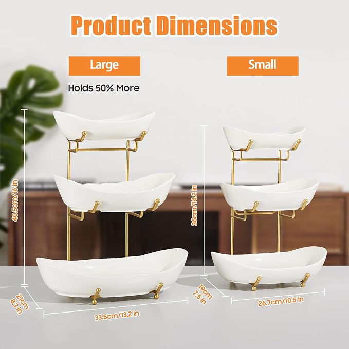 Ceramic Fruit Bowl for Kitchen Counter - 3 Tier Fruit Basket with Metal Stand, Tiered Fruit Stand for Countertop, Snack, Nuts, Cake, Dessert, Cute (Gold, Large) U3 - Image 5