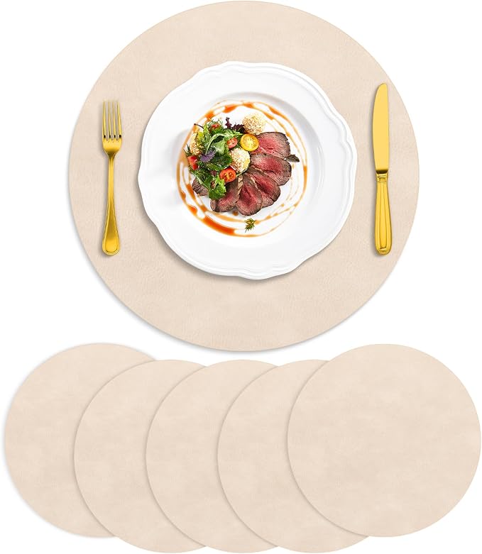 ADRIMER Placemats, Heat Resistant Round Placemats Set of 6 Washable, Waterproof Table Mats, Wipeable Faux Leather Place Mats for Kitchen, Dining Room, Beige by Adrimersdreamistobeanindispensablecompanioninyourlife