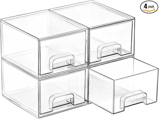 Vtopmart 4 Pack Small Clear Stackable Storage Drawers for Desk, Countertop | Bathroom Makeup Accessories Organizer, Plastic Bins For Desk, Vanity, Undersink, Medicine Cabinet ,Home Organization by Vtopmart