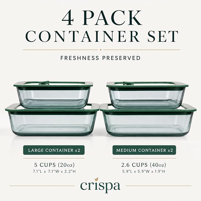 Crispa 8-Piece Teal Square Glass Food Storage Containers with Silicone Glass Lids – 100% Plastic-Free (2x 40oz, 2x 20oz) – Leakproof, Airtight, Freezer, Microwave and Dishwasher Safe - Image 2