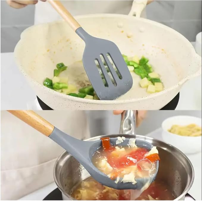 Premium Silicone Kitchen Utensil Set – 7-Piece Cooking Tools with Acacia Wood Handles and Bamboo Holder, Non-Stick, Heat Resistant, BPA-Free, Elegant Kitchen Gift (Grey -7pcs) - Image 7