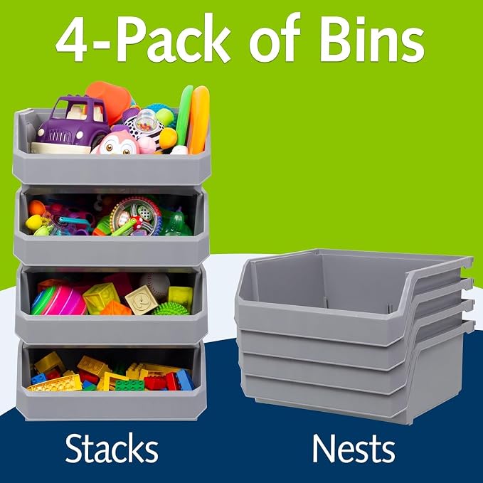 Extra Large Stackable Plastic Storage Bins, 4-Pack, Grey | Open-Front Stackable Bins For Garage, Pantry, Closet & Office, 14,8"L X 16,5"W X 7"H, Nests When Empty, Durable Plastic, - Image 4
