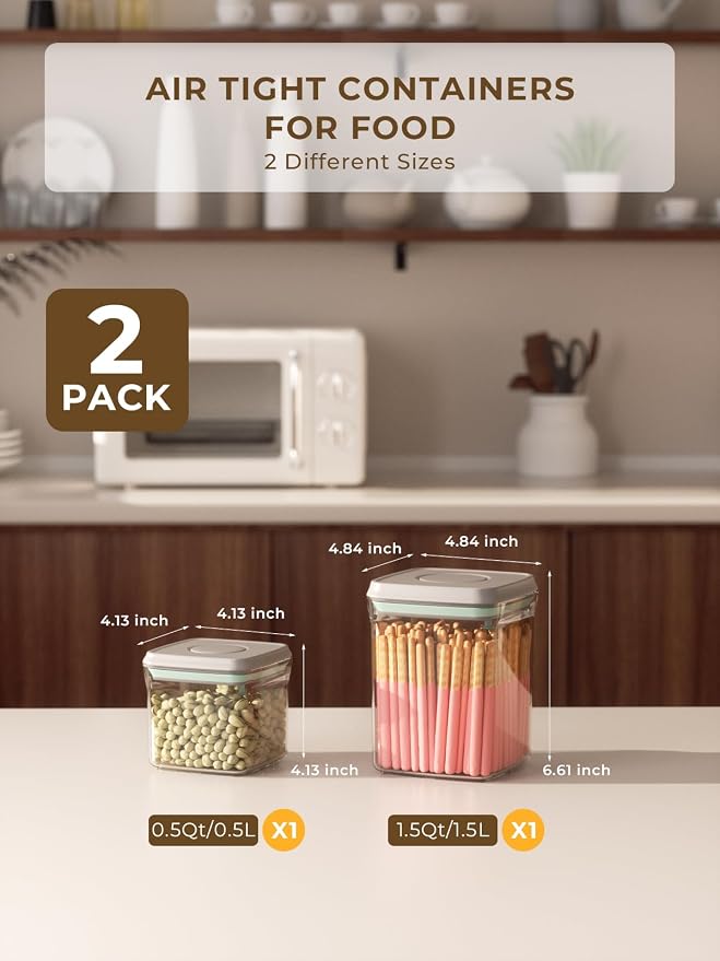 Pop Top Food Storage Containers, 0.5 Qt & 1.5 Qt Airtight Jars | Clear Stackable Kitchen Jars for Oats, Coffee, Sugar, Nuts and Snacks, Designed for Breakfast Stations and Small Cabinets - Image 4