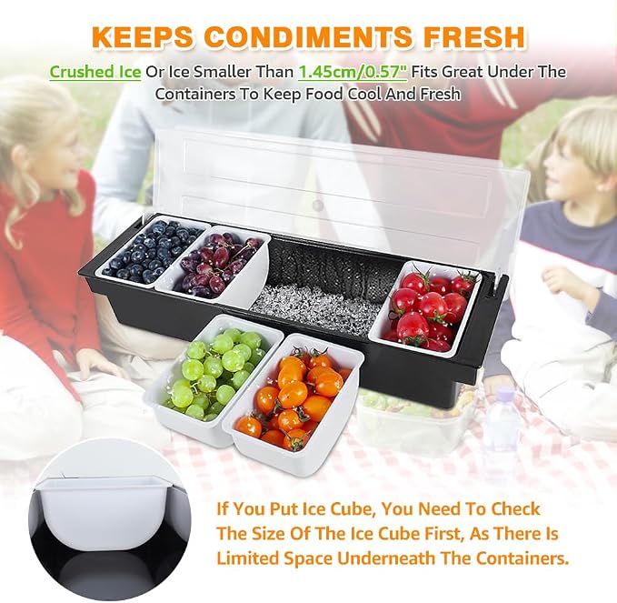 Chilled Condiment Caddy Server With Lid 5 Compartment Garnish Tray | Plastic Condiment Container Garnish Tray For Bartenders,Bar Condiment Fruit Caddy With Lid And Removable Trays - Image 5