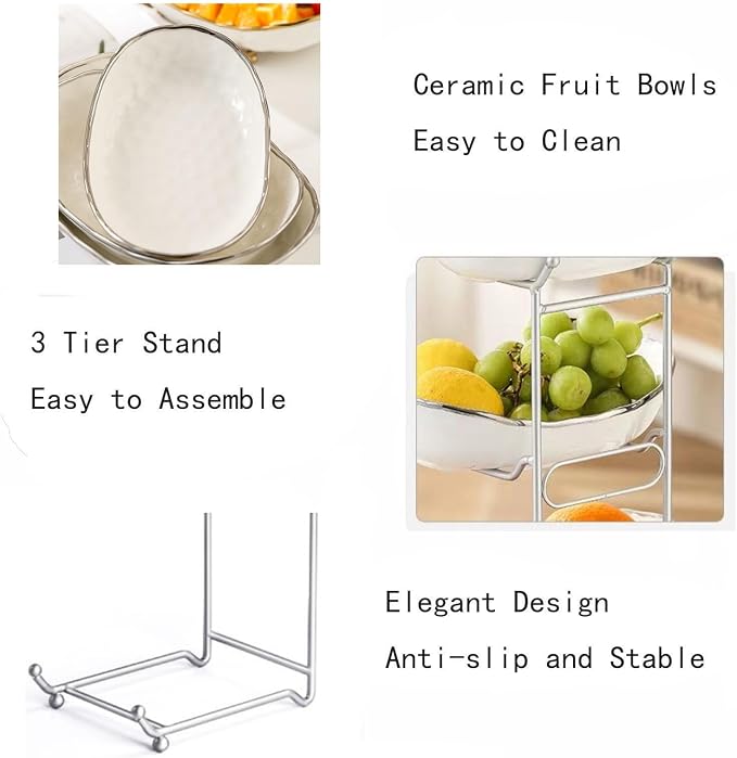 3-Tier Fruit Bowls for Kitchen Counter,White Ceramic Bowl with Silver Metal Stand,3 Tier Fruit Basket for Fruit,Snack,Cake,Nuts,Dessert Storage - Image 3
