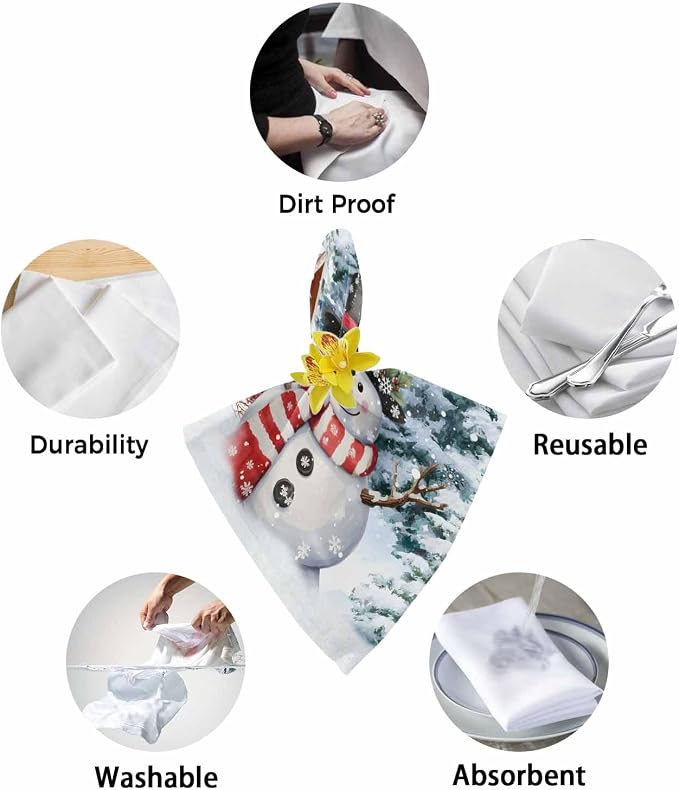 Christmas Snowman Cloth Napkins Set of 4, Farmhouse Xmas Tree Winter Snowflake Dinner Napkins Cloth Washable, Cocktail Napkins Reusable for Wedding, Party, Birthday (20"x20") - Image 8