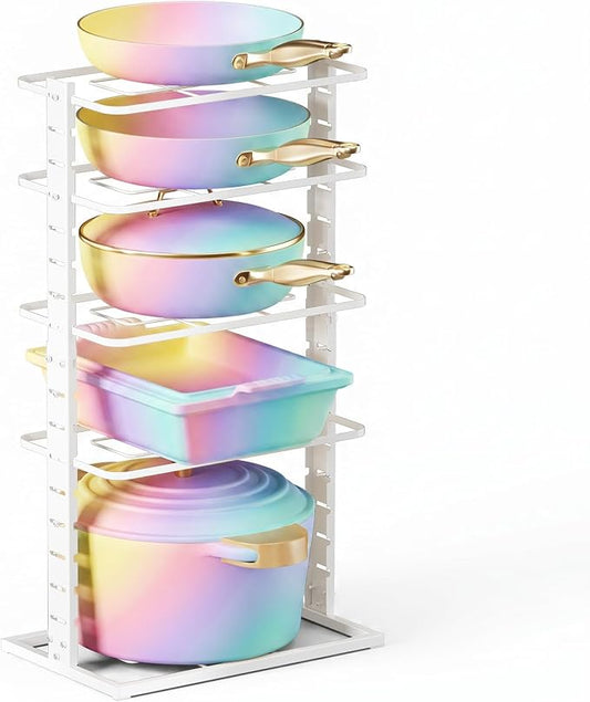 LAMU Pots and Pans Organizer Under Cabinet, 5 -Tier Dual-Pillar Design | Adjustable All-Metal Rack Stores Pots, Pans And Lids in Cabinets, on Countertops or Under Sinks, Holding Up to 55 Lb White by YourHome-OrganizationHelper