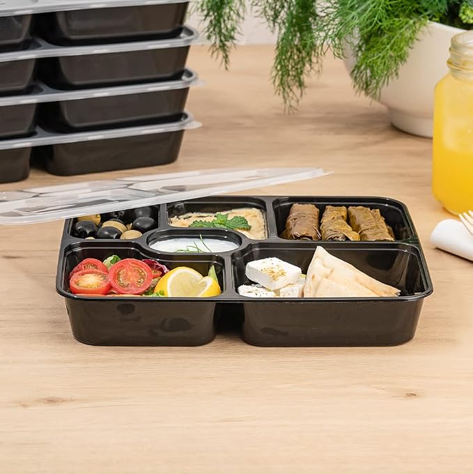 Restaurantware Asporto 53 Ounce Food Containers 100 Microwavable Take Out Food Containers - Clear Plastic Lids Included WIth 6 Compartments Black Plastic Catering Food Containers Disposable - Image 3