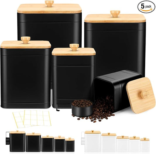 5 Pcs Black Kitchen Canisters for Countertop with Labels Airtight Metal Containers Coffee Tea Sugar Flour Jars with Spoon Farmhouse Big Food Storage Set for Kitchen by Buryeah