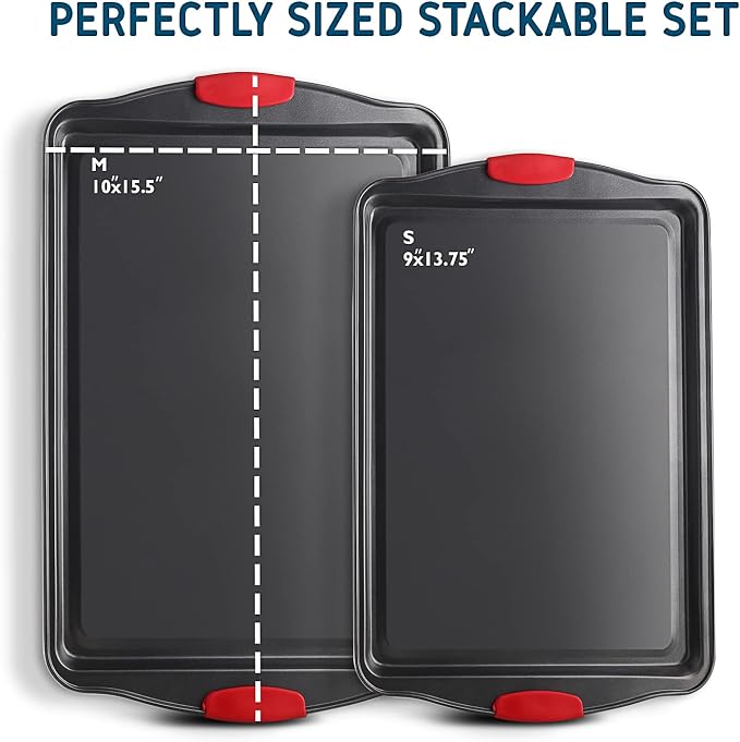Baking Sheet, 2PC Cookie Sheet Set with Silicone Handles, Nonstick Steel Baking Pan, Baking Sheets for Oven, BPA Free Baking Pans Set, Cookie Sheets– Black Bakeware, Small & Medium - Image 2