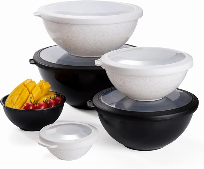 COOK WITH COLOR Mixing Bowls with TPR Lids - 12 Piece Plastic Nesting Bowls Set includes 6 Prep Bowls and 6 Lids, Microwave Safe Mixing Bowl Set (Black and White) - Image 8