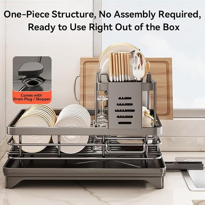 2-Tier 304 Stainless Steel Dish Drying Rack for Kitchen Counter, Gray | Dish rack separates plates, bowls, cups and utensils, while side drainage directs water toward the sink. - Image 3