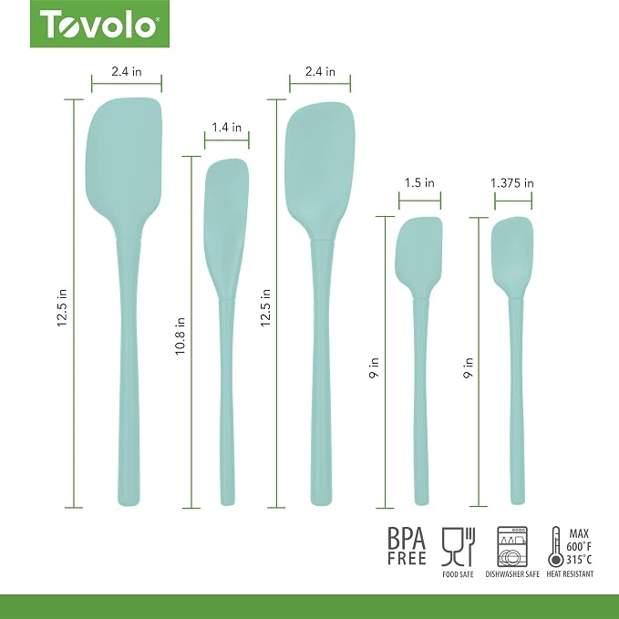 Tovolo Flex Core 5 Piece Silicone Spatula Set Heat Resistant All Silicone Utensils Include Non Stick Spatula Spoonula Jar Scraper, Dishwasher Safe Spatulas for Baking Mixing, Aqua Seafoam Green - Image 6