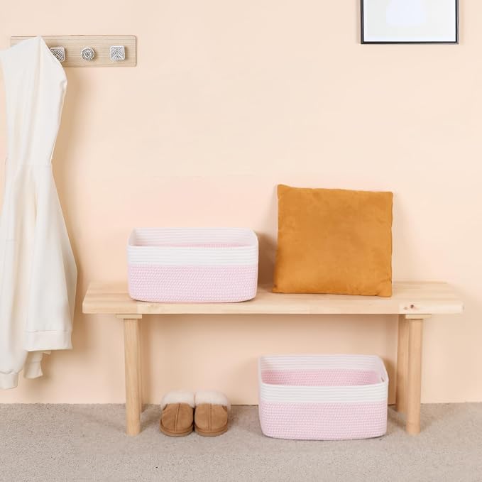 MiniArk Large Storage Baskets for Organizing, 17 x 13 x 7.5” Closet Shelf Baskets for Clothes Blanket Towels, Baby Nursery, Toy Bins Box, Woven Rope Baskets, 4 Packs Woven Pink - Image 6