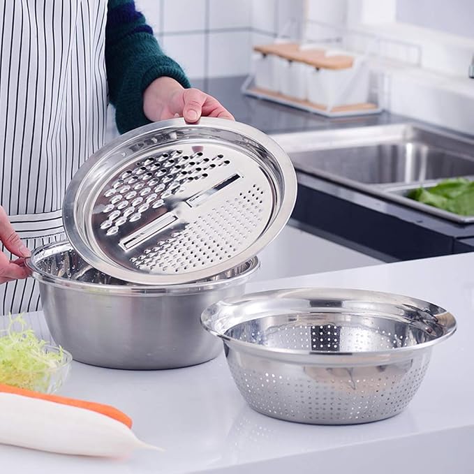 Stainless Steel Kitchen Basin Drain Basket Colander Set 3 in 1 Multifunctional Fruit Vegetable Julienne Grater Strainer Fine Mesh Basket Vegetable Rice Washing Bowl Set - Image 8
