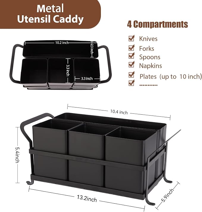 Silverware Caddy Metal Utensil Holder for Party Countertop Silverware Utensil Caddy Cutlery Flatware Organizer for Spoons Forks Plates Napkins Black - Image 3