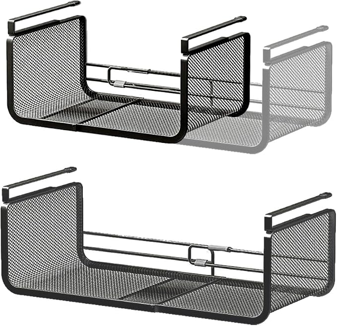 Expandable Under Shelf Basket Organizer, Under Shelf Storage, Hanging Baskets Under Cabinet for Pantry Kitchen Cupboard Desk Counter Bookshelf Space Saver Heavy Duty Slide-in (Black, 2 Pack) by Janebert