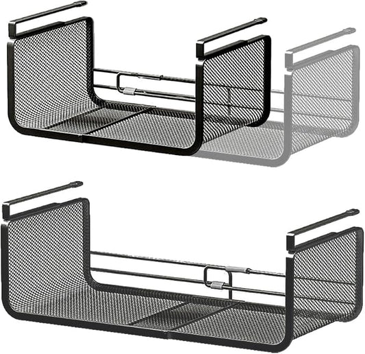 Expandable Under Shelf Basket Organizer, Under Shelf Storage, Hanging Baskets Under Cabinet for Pantry Kitchen Cupboard Desk Counter Bookshelf Space Saver Heavy Duty Slide-in (Black, 2 Pack) by Janebert