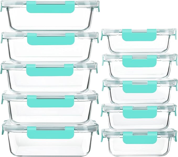 M MCIRCO 10 Pack Glass Food Storage Containers with Lids, Green | Glass Meal Prep Containers,Airtight Lunch Containers with Lids, Microwave, Oven, Freezer and Dishwasher Friendly, BPA Free by MMCIRCO