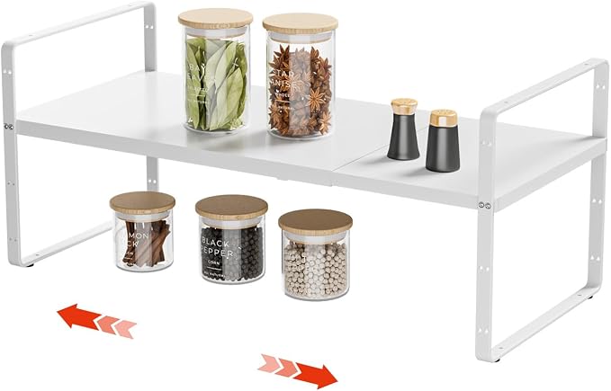 16.5-27''L Expandable Stackable Cabinet Shelves, White | 10.2"W x 9.6"H, Adjustable Spice Rack, For Kitchen, Countertop, Pantry and Cupboard by DPZM