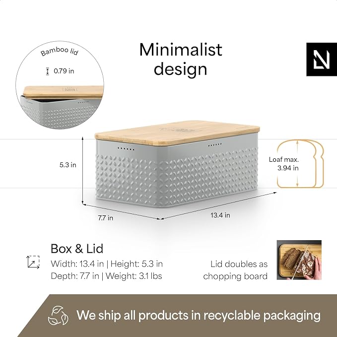 LARS NYSØM Bread Box I Metal Box for long lasting freshness I Bread Bin with bamboo lid usable as cutting board I 13.4x7.7x5.3In (Pebble Gray) - Image 4